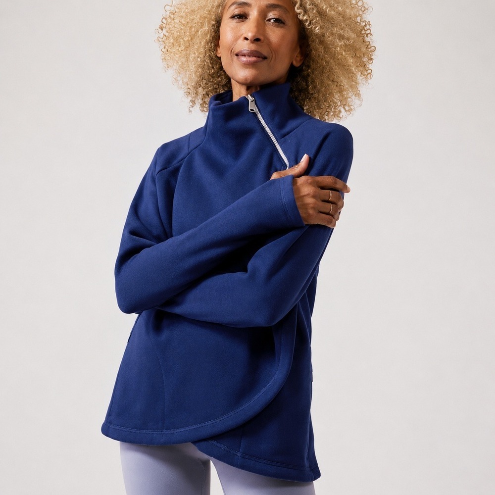 Athleta Cozy Karma Navy Blue Funnel Neck Asymmetrical Pullover Sweatshirt Medium
